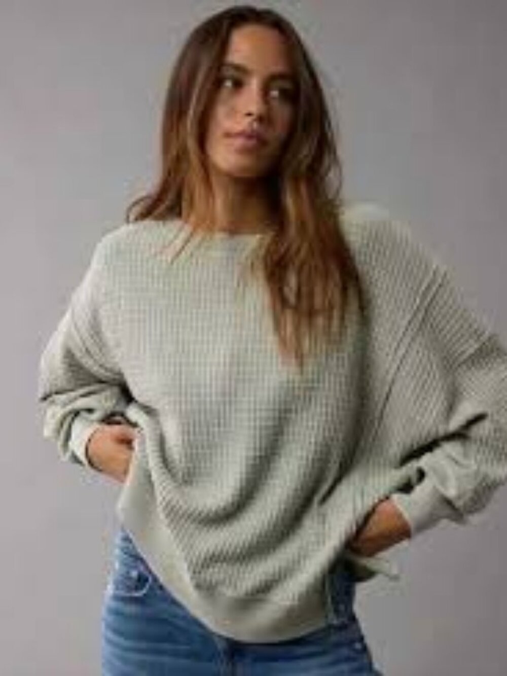 American Eagle "This Feels Seriously Lived-In" Green Big Hug Waffle Sweatshirt